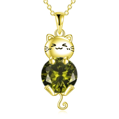 Silver Cat 12 Month Birthstone Pendant Necklace