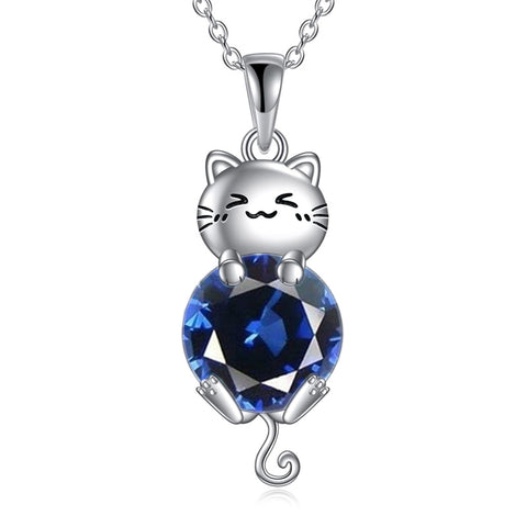 Silver Cat 12 Month Birthstone Pendant Necklace