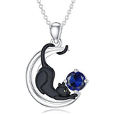 Sterling Silver Birthstone Moon Black Cat Pendant Necklace