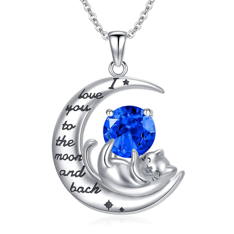 Silver Cat 12 Month Birthstone Pendant Necklace