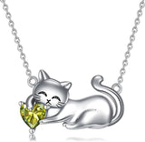 Cat Necklace with Birthstone 925 Sterling Silver Cat Pendant Necklace Gift for Women