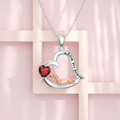 Sterling Silver Heart Birthstone  Dachshund Pendant Necklace