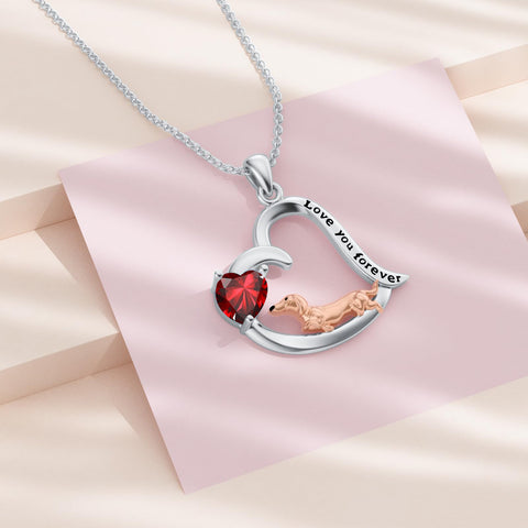 Sterling Silver Heart Birthstone  Dachshund Pendant Necklace