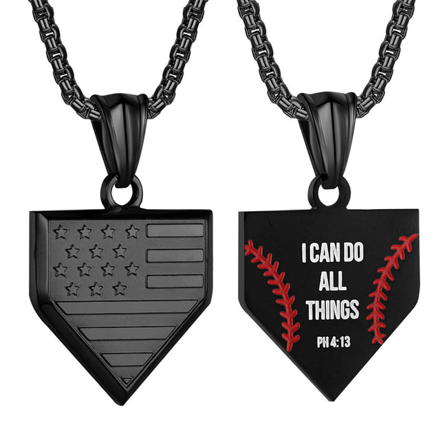 Baseball Home Plate Necklace for Men USA Flag Shield Pendant Stainless ...