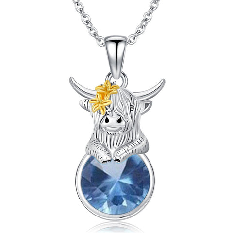 Sterling Silver 12 Months Birthstone Highland Cow Pendant Necklace