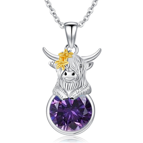 Sterling Silver 12 Months Birthstone Highland Cow Pendant Necklace