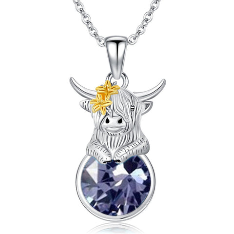 Sterling Silver 12 Months Birthstone Highland Cow Pendant Necklace