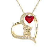 14K Gold Heart Round Birthstone Highland Cow Pendant Necklace