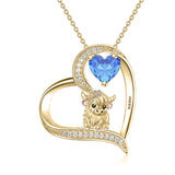 Sterling silver Heart Round Birthstone Highland Cow Pendant Necklace