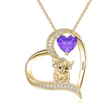 Sterling silver Heart Round Birthstone Highland Cow Pendant Necklace