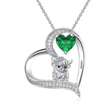 Sterling silver Heart Round Birthstone Highland Cow Pendant Necklace