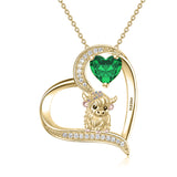 14K Gold Heart Round Birthstone Highland Cow Pendant Necklace