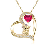 14K Gold Heart Round Birthstone Highland Cow Pendant Necklace