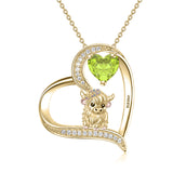 14K Gold Heart Round Birthstone Highland Cow Pendant Necklace