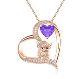 Sterling silver Heart Round Birthstone Highland Cow Pendant Necklace