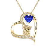 14K Gold Heart Round Birthstone Highland Cow Pendant Necklace