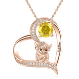 14K Gold Heart Round Birthstone Highland Cow Pendant Necklace