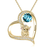 14K Gold Heart Round Birthstone Highland Cow Pendant Necklace