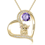 14K Gold Heart Round Birthstone Highland Cow Pendant Necklace