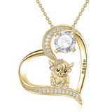 14K Gold Heart Round Birthstone Highland Cow Pendant Necklace