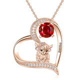 14K Gold Heart Round Birthstone Highland Cow Pendant Necklace