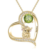 14K Gold Heart Round Birthstone Highland Cow Pendant Necklace