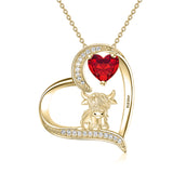 14K Gold Heart Round Birthstone Highland Cow Pendant Necklace