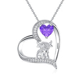 Sterling silver Heart Round Birthstone Highland Cow Pendant Necklace