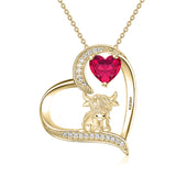 Sterling silver Heart Round Birthstone Highland Cow Pendant Necklace