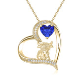 14K Gold Heart Round Birthstone Highland Cow Pendant Necklace