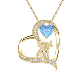 14K Gold Heart Round Birthstone Highland Cow Pendant Necklace