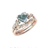 10K 14K 18K Gold Natural Moss Agate Ring Set Engagement Ring