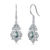 Sterling Silve Vintage Teardrop Moss Agate Filigree  Drop Earrings