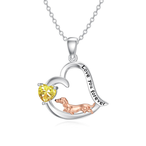 Sterling Silver Heart Birthstone  Dachshund Pendant Necklace