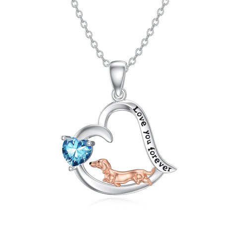 Sterling Silver Heart Birthstone  Dachshund Pendant Necklace