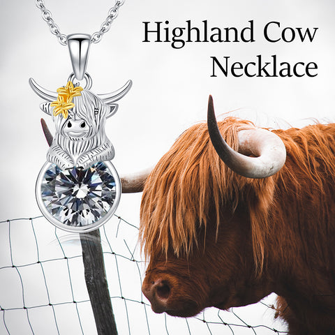 Sterling Silver 12 Months Birthstone Highland Cow Pendant Necklace