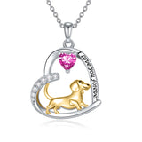 14K Gold Heart Birthstone  Dachshund Pendant Necklace