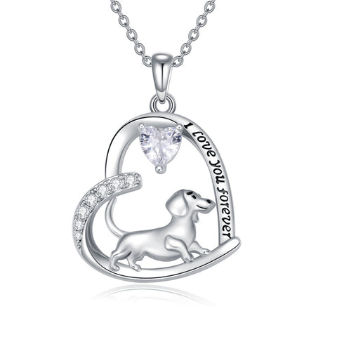 Sterling Silver Heart Birthstone  Dachshund Pendant Necklace