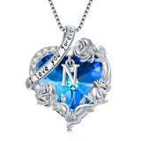 Sterling Silver  Blue Heart Crystal Initial A-Z Letter Rose Pendant Necklace Engraved with  I Love You Forever