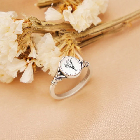 Sterling Silver Vintage Personalised Birth Flower Ring