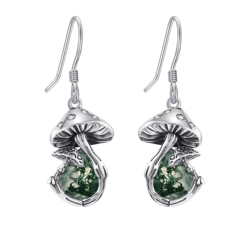 Sterling Silver Moss Agate  Mushroom Dangle Earrings