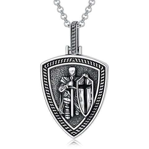 Sterling Silver Knights Templar & Cross Shield Pendant Necklace for Men