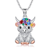 Highland Cow Necklace 925 Silver Highland Cow Birthstone Pendant Necklace Animal Jewelry Gift for Wife Women Daughter Birthday Gifts Animal Lover