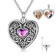 Sterling Silver Vintage Crystal Heart Flower Locket Necklace for Ashes That Hold Pictures