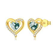 10K 14K 18K Gold Heart Moss Agate Heart Stud Earrings