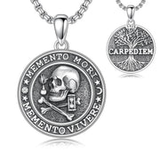 Sterling Silver Skull Hourglass Memento Mori Pendant Necklace