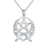 Sterling Silver Pagan Wiccan  Pentagram Triple Moon Pendant Necklace