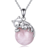 Sterling Silver Moonstone Pearl Rose Quartz Crystal Cat Pendant Necklace