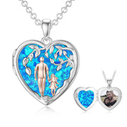 Sterling Silver Personalized Photo Blue Opal Luminous Stone Pink Opal Father Daughter Pendant Necklace