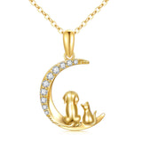 14K Gold Cubic Zirconia Dog and Cat Moon Pendant Necklace